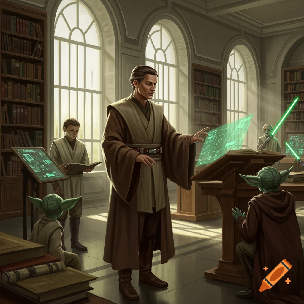 A male Jedi Master in brown robes teaches two Yoda-like creatures and a human Padawan in a grand Jedi Temple library, using glowing holographic screens.