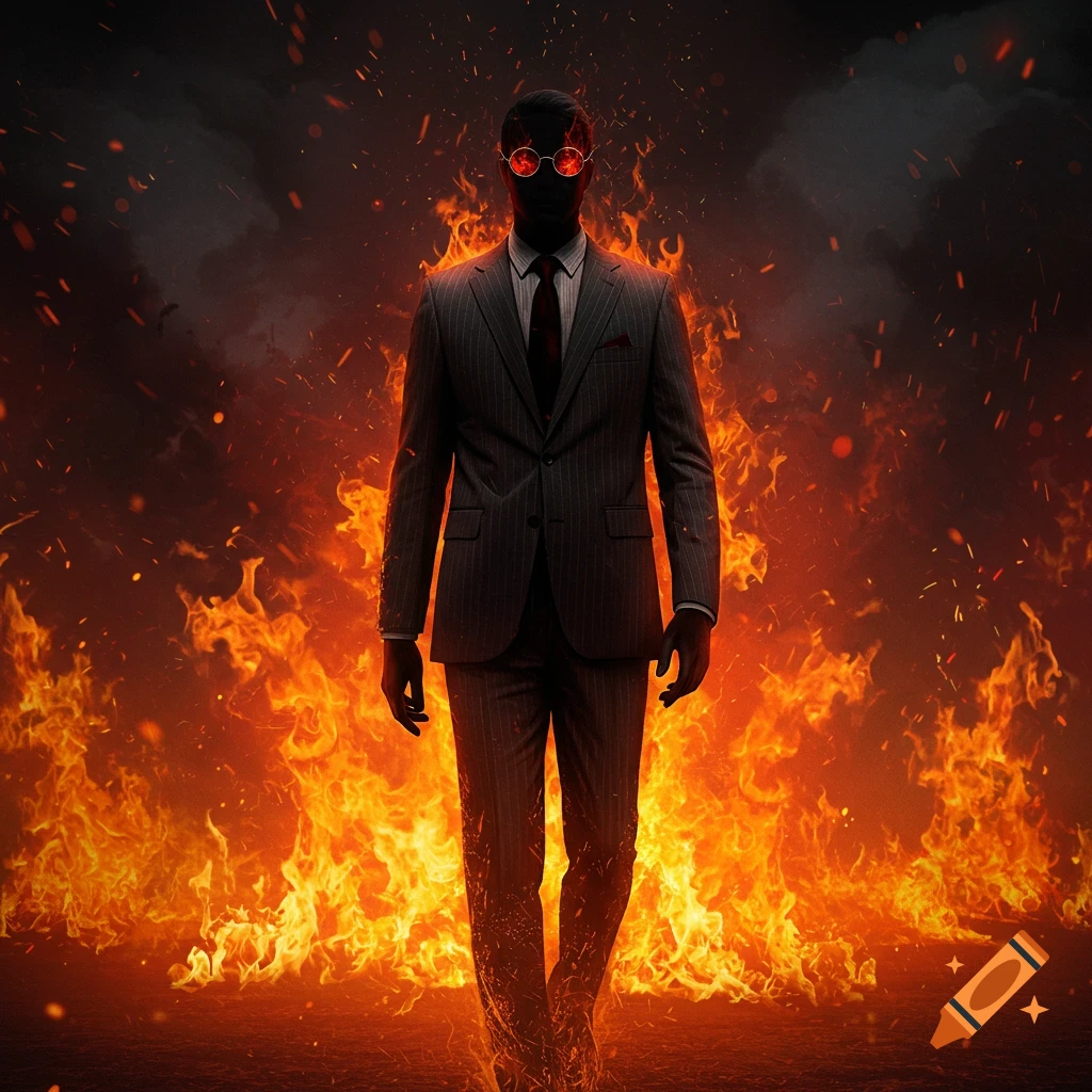 A faceless man with pitch-black skin and glowing red glasses in a pinstripe suit walks through a blazing inferno with smoke.
