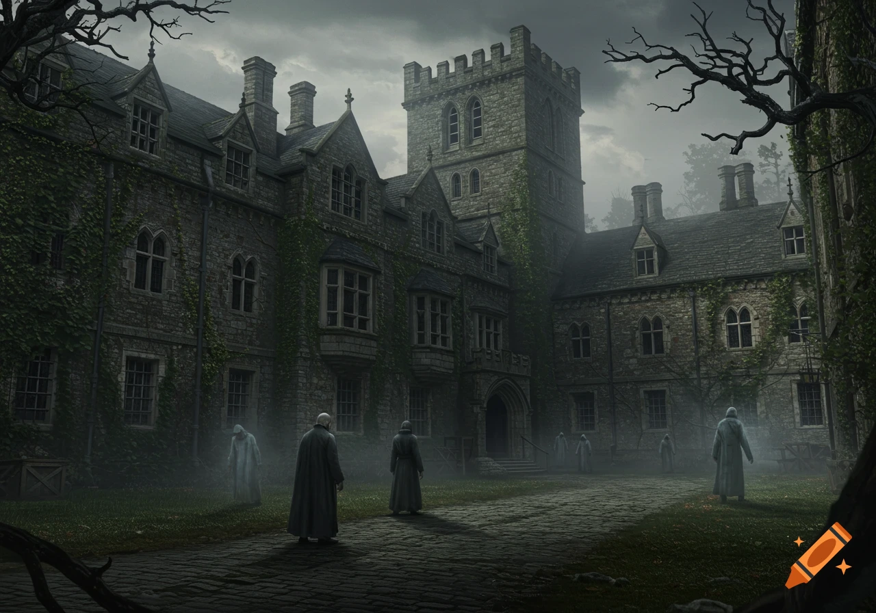 A gloomy, ivy-covered gothic mansion with a tower under a dark sky. Several robed figures walk on the cobblestone courtyard, shrouded in mist.