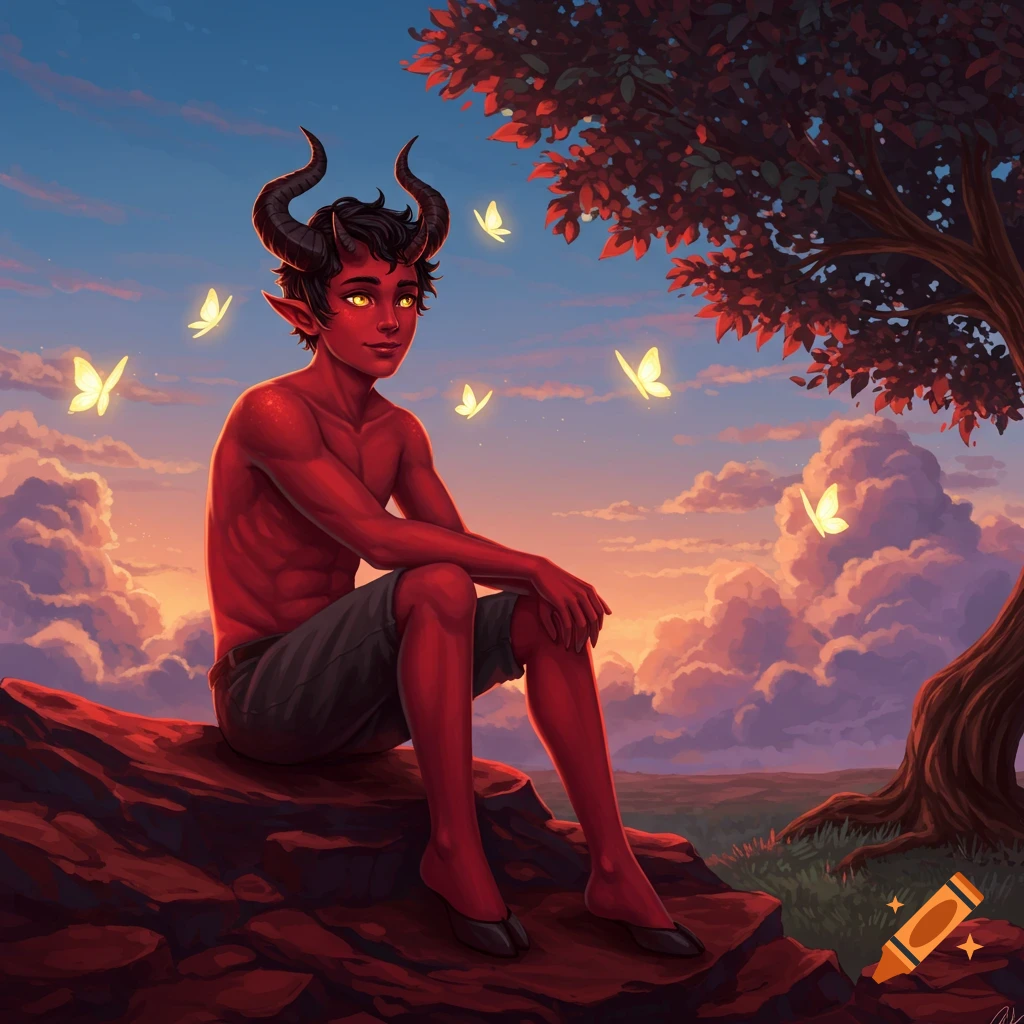A red-skinned, horned young male devil with golden eyes sits on a rock at sunset, surrounded by glowing butterflies.