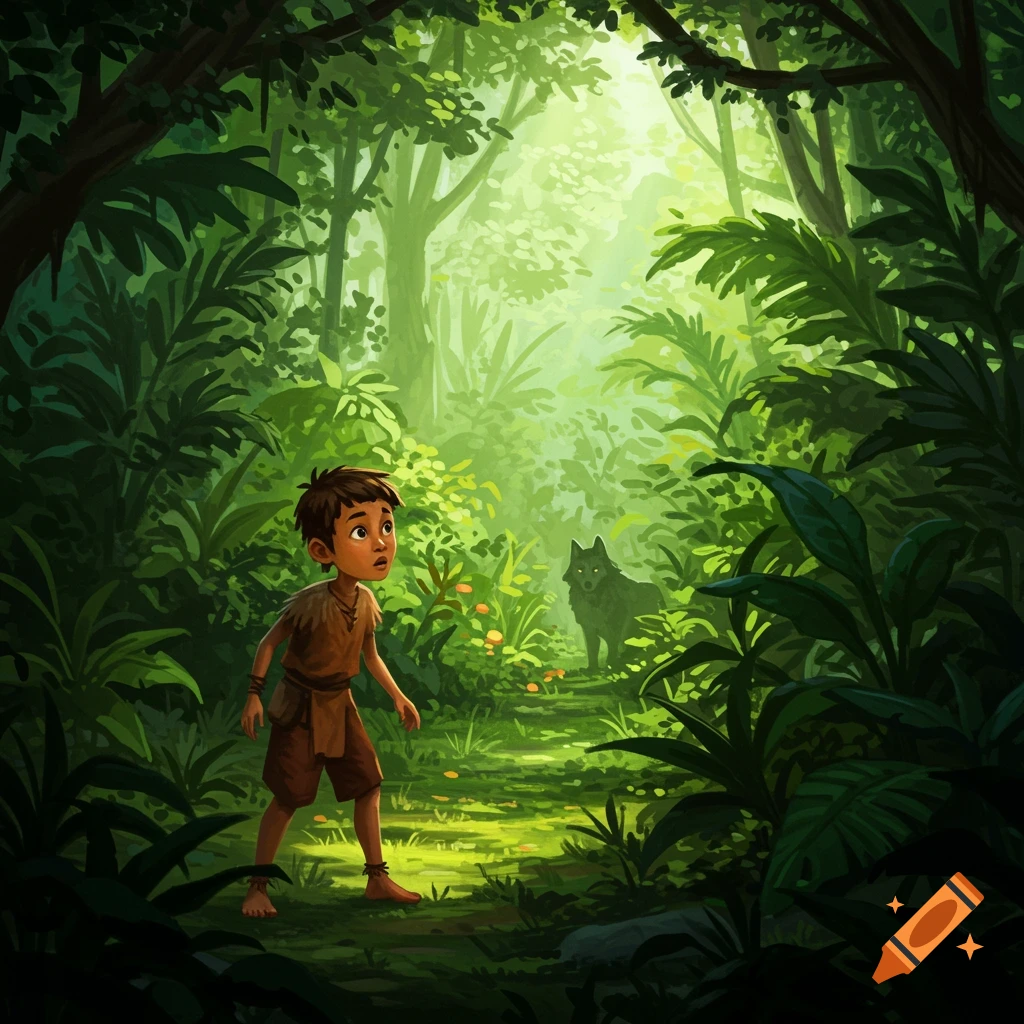 A young boy with dark hair and simple clothing looks surprised in a bright, lush jungle, with a wolf partially hidden in the background.