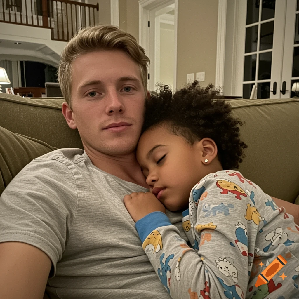 A blonde-haired man sits on a couch with a child with curly hair sleeping on his chest in a living room.