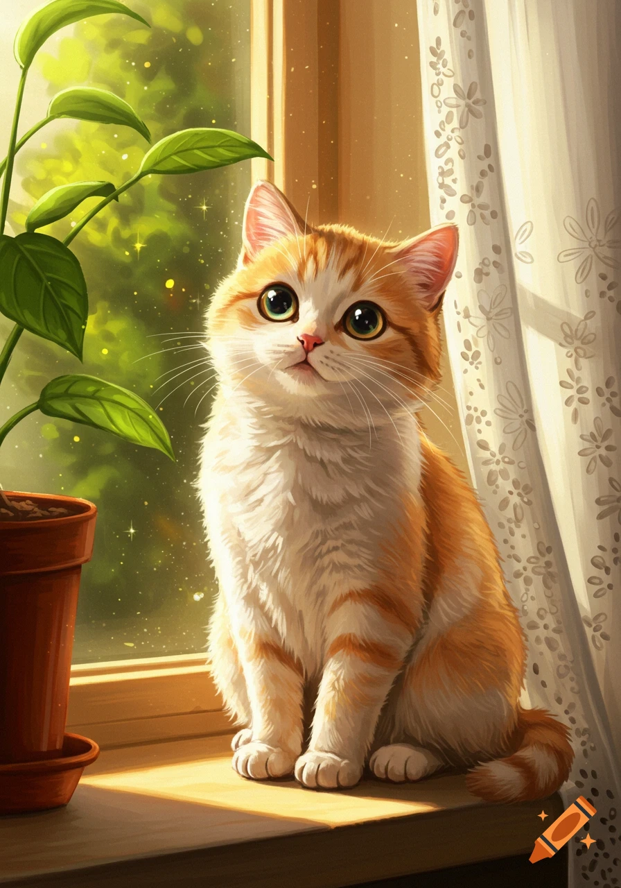A cute ginger and white illustrated cat sits on a sunlit windowsill next to a green potted plant.