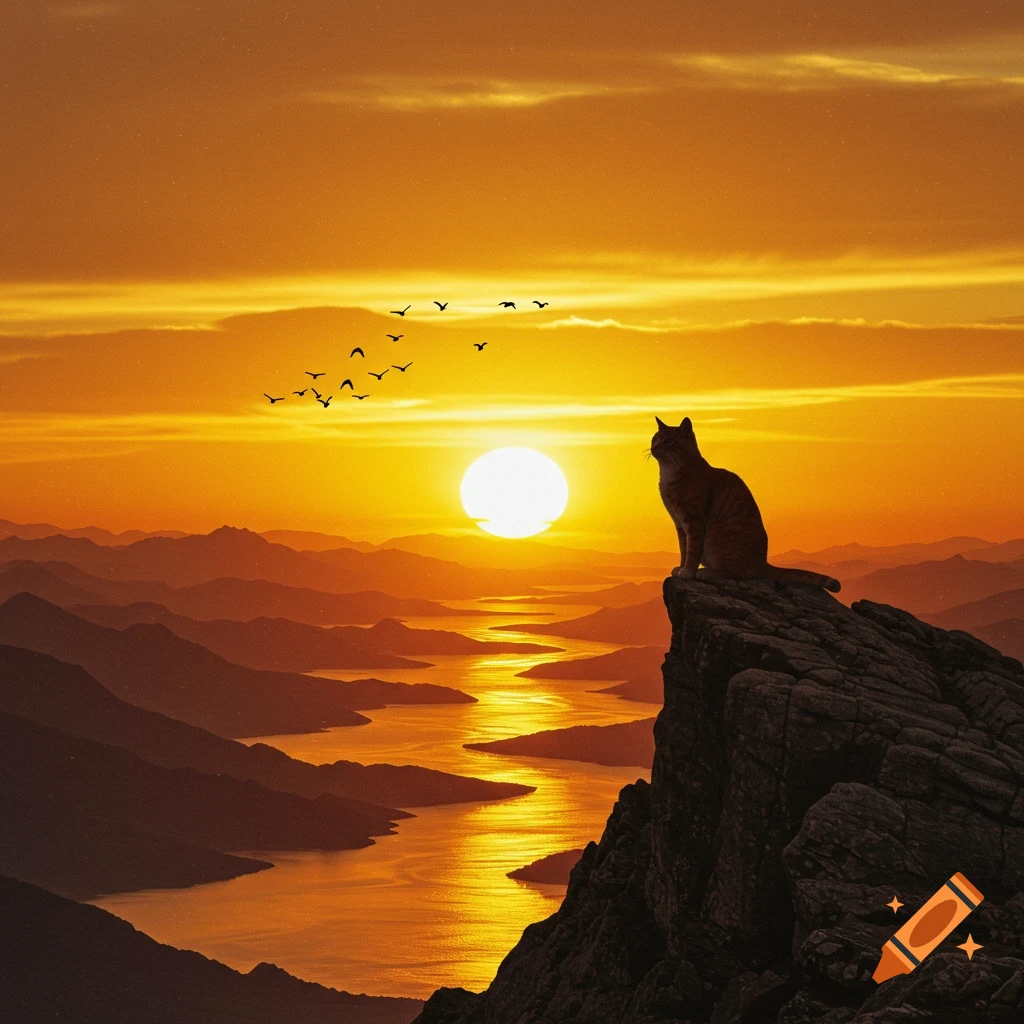 A ginger cat on a mountain peak, silhouetted against a vibrant sunset over a winding river and distant mountains with birds flying.