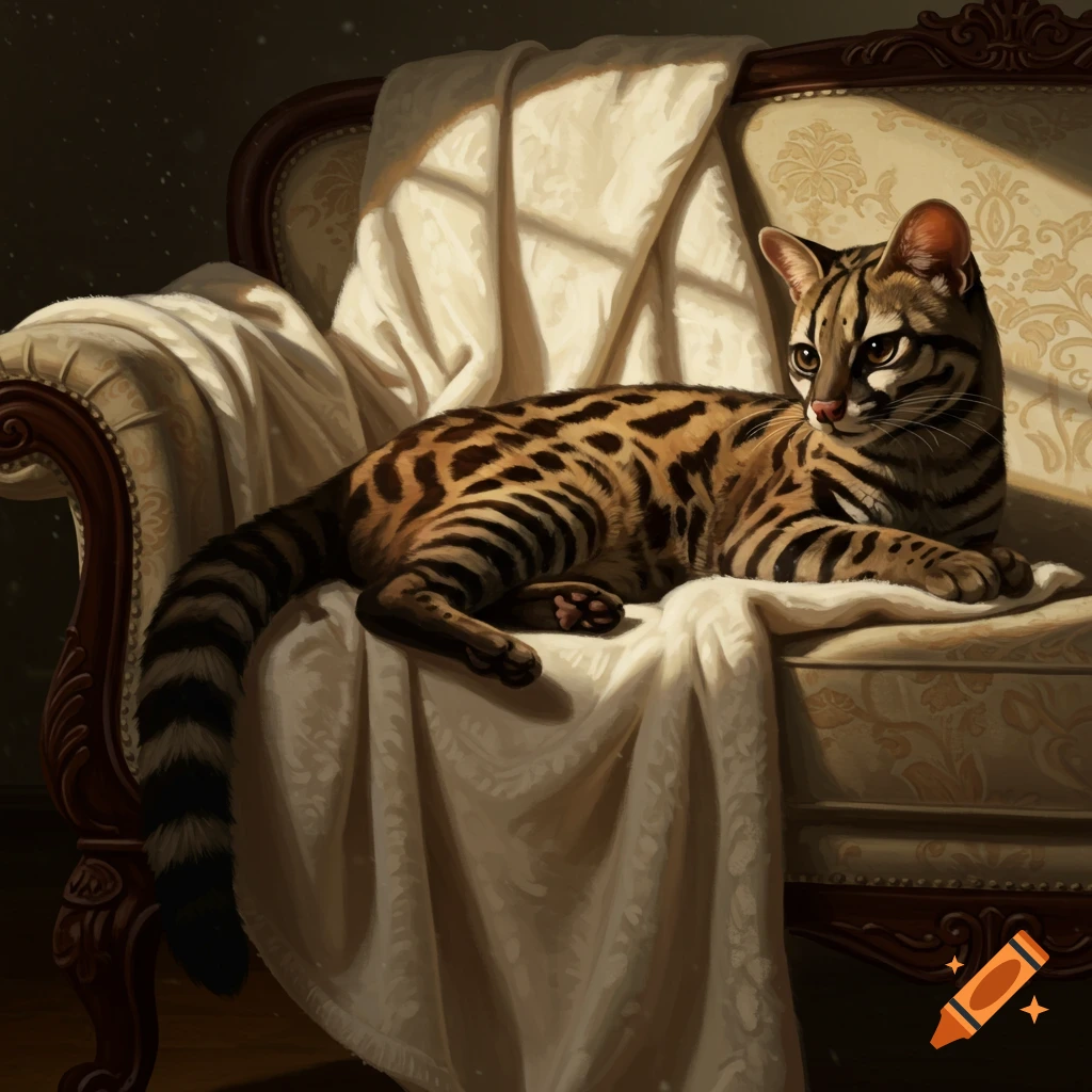 A spotted wild cat lies on a cream blanket draped over an ornate sofa, bathed in sunlight.
