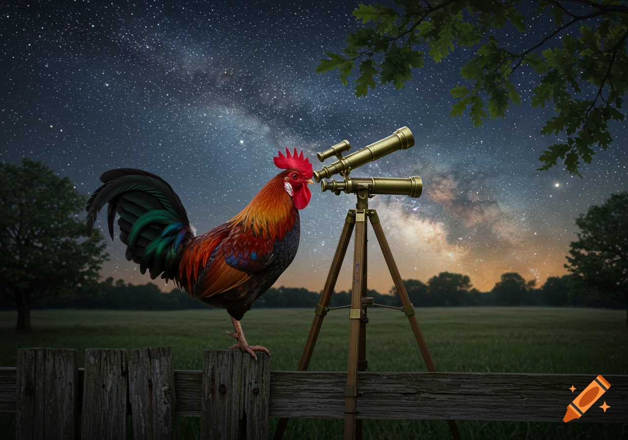 A colorful rooster stands on a fence post, looking through a brass telescope at a starry night sky with the Milky Way visible.