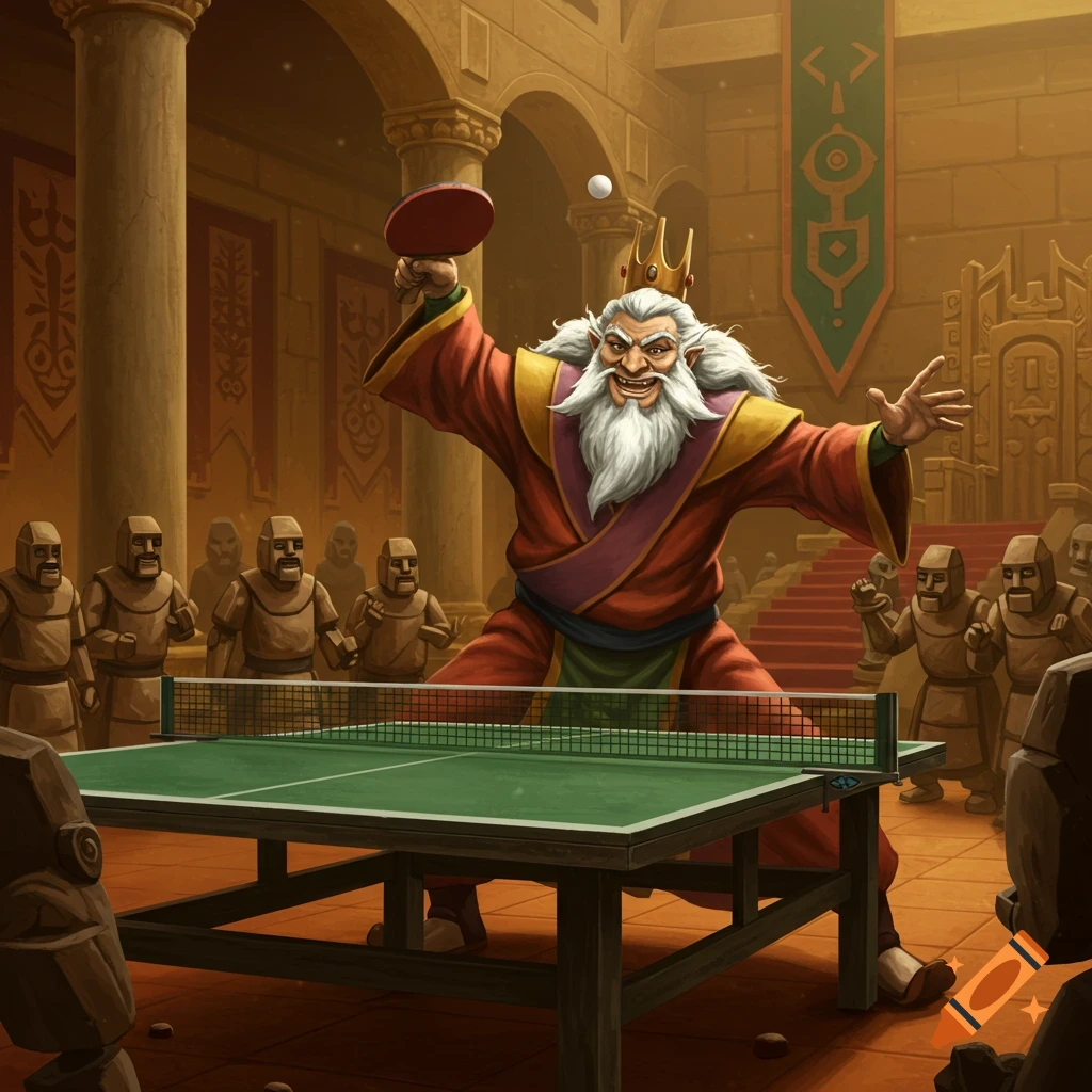 An elderly king in a red robe and crown plays ping pong intensely in a grand hall, watched by stone statues.