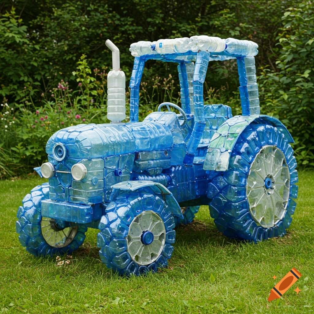 Blue tractor sculpture made from recycled plastic water bottles and caps, standing on green grass outdoors.