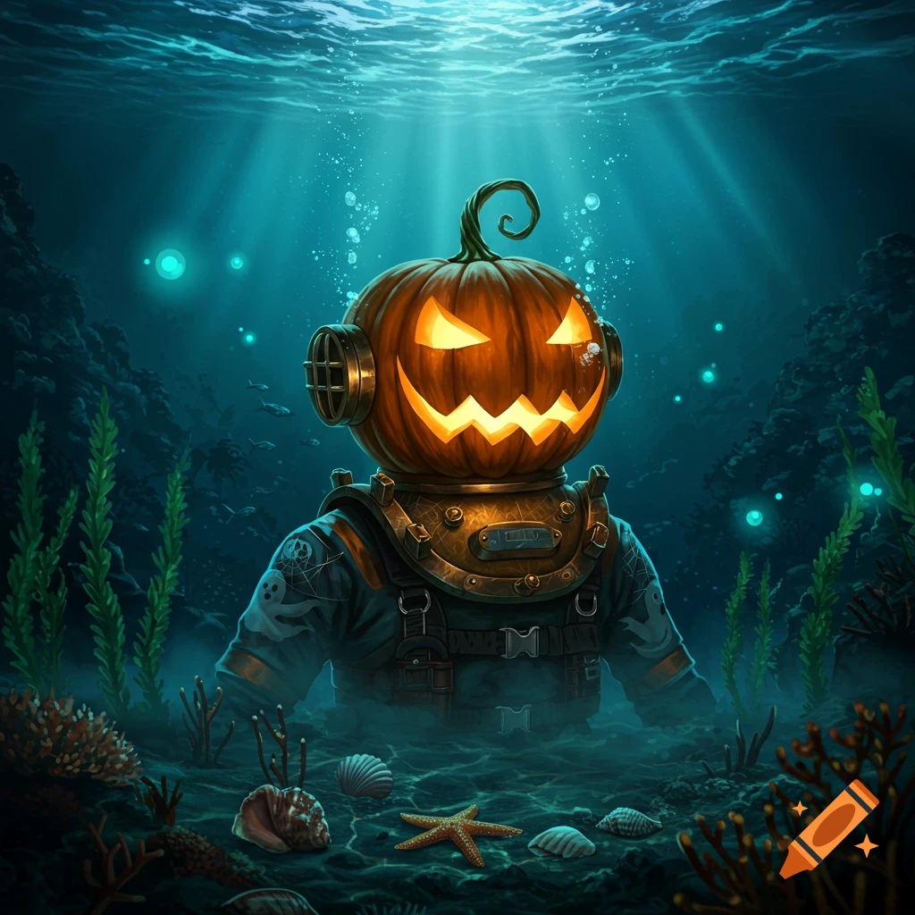 A deep-sea diver with a glowing jack-o'-lantern pumpkin head, standing on the ocean floor surrounded by marine life and sunlight.