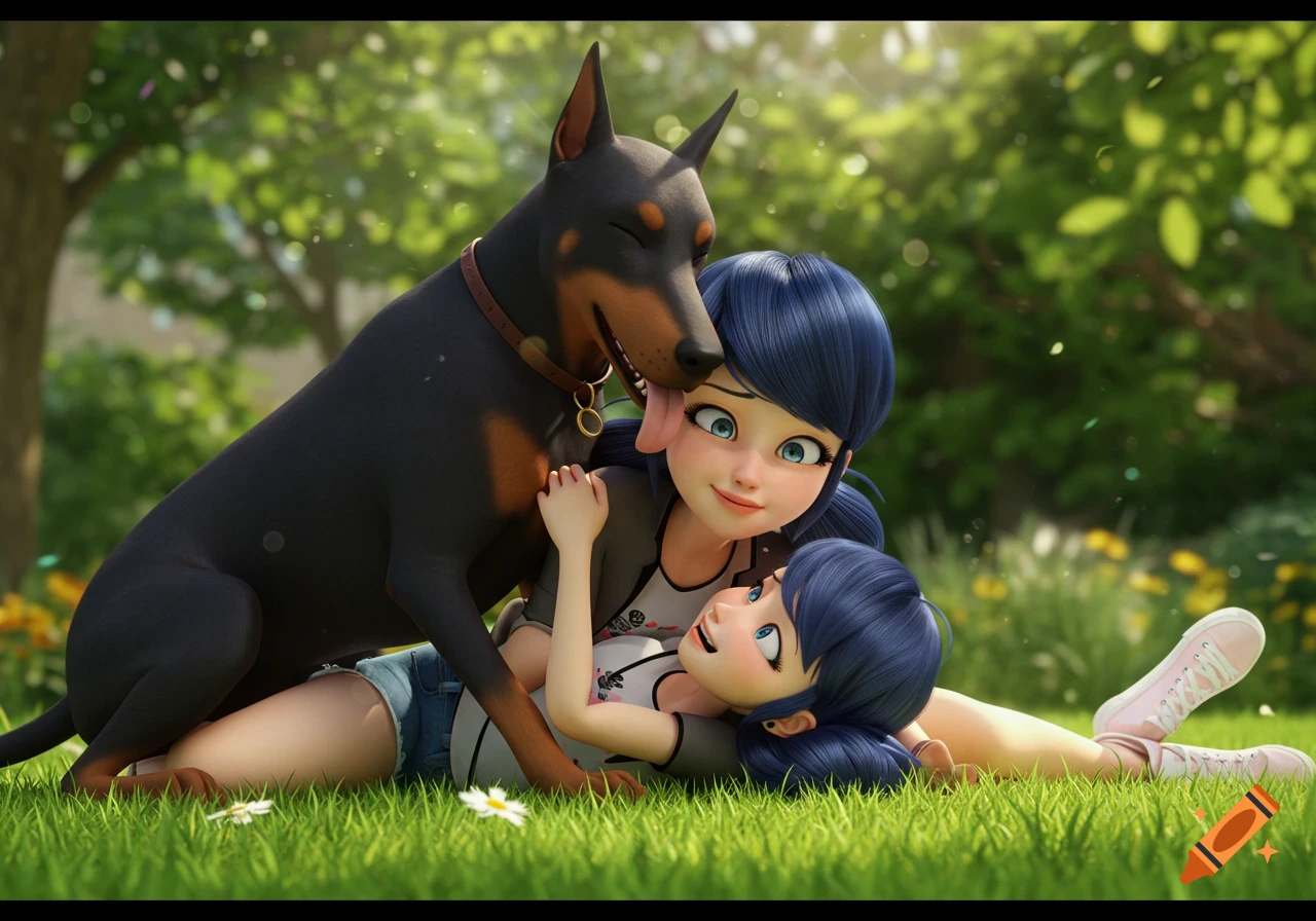 A Doberman dog playfully licks the face of a cartoon girl with blue hair as she lies on the grass, hugging the dog, next to another girl.