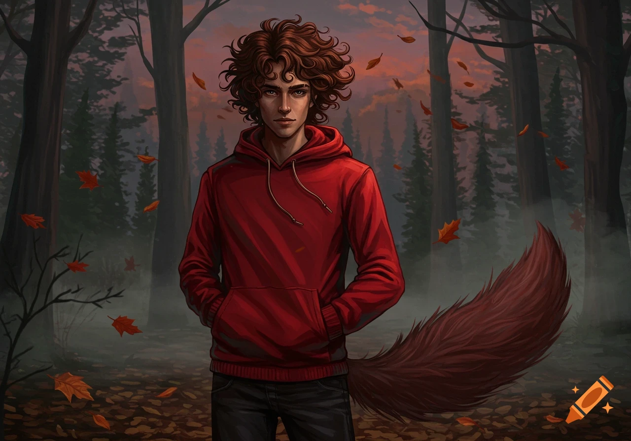 A digital illustration of a young man with curly brown hair, a red hoodie, and a wolf tail, standing in an autumnal forest.