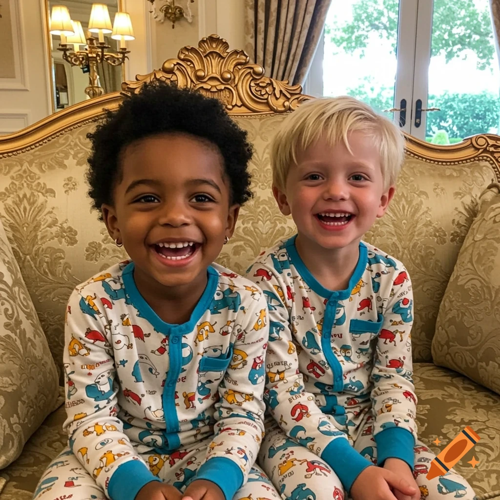 Two happy young boys, one with dark curly hair and one with blonde, sit smiling in pajamas on a golden couch.