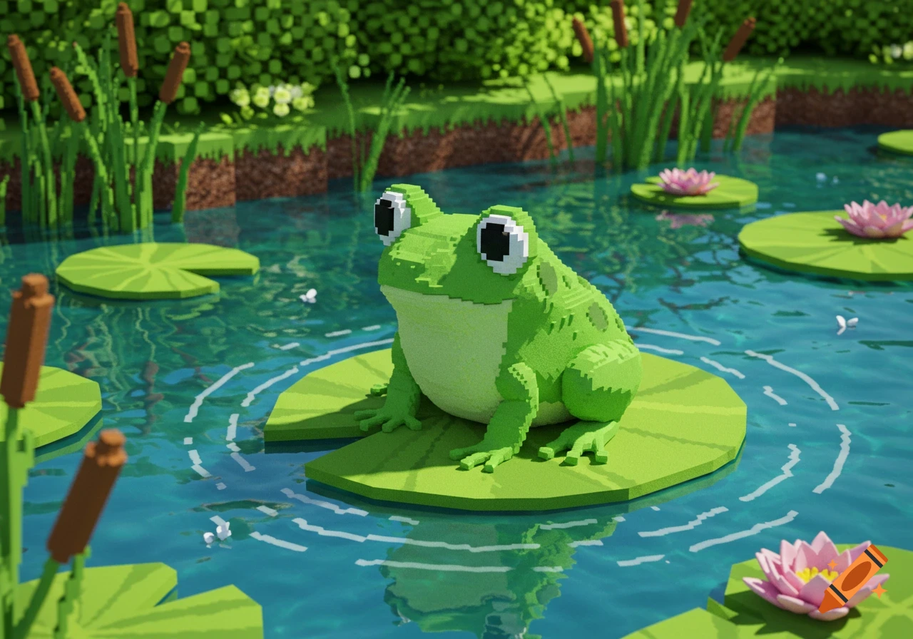 A vibrant green pixel art frog sits on a lily pad in a serene pond with pink water lilies and cattails.