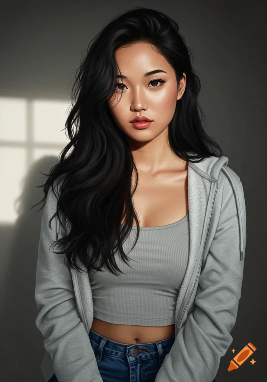Photorealistic portrait of a young Asian woman with long dark hair, wearing a grey crop top, zip-up hoodie, and jeans, illuminated by window light.