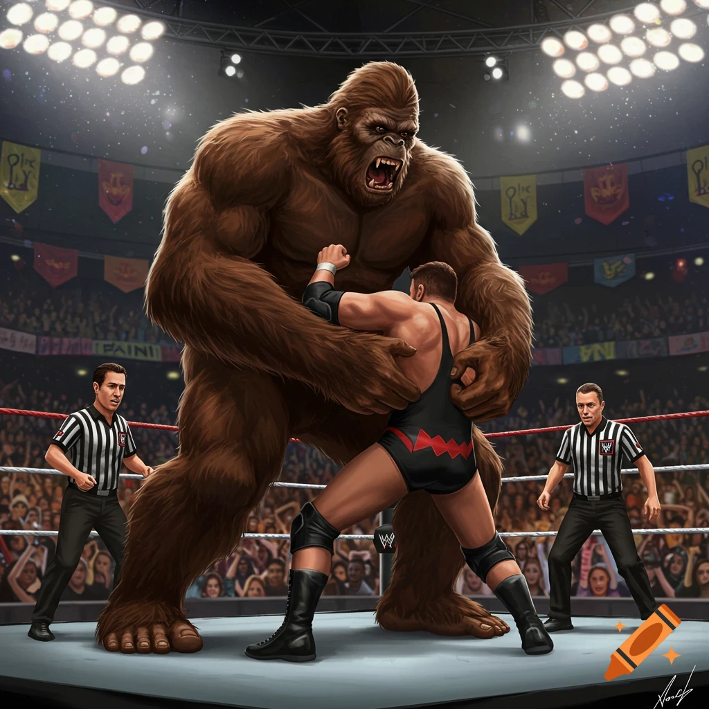 An angry Bigfoot, a large brown gorilla-like creature, wrestling a human in a black and red wrestling singlet in a formal WWE-style ring with referees and a large cheering crowd.