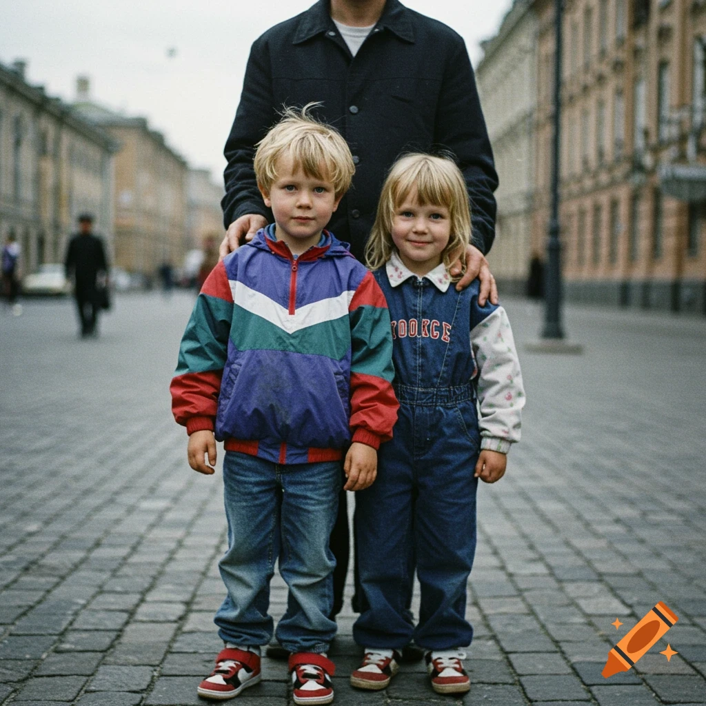 A blonde boy in a colorful windbreaker and a blonde girl in denim overalls stand on a cobblestone street with an adult behind them in a 90s photo.