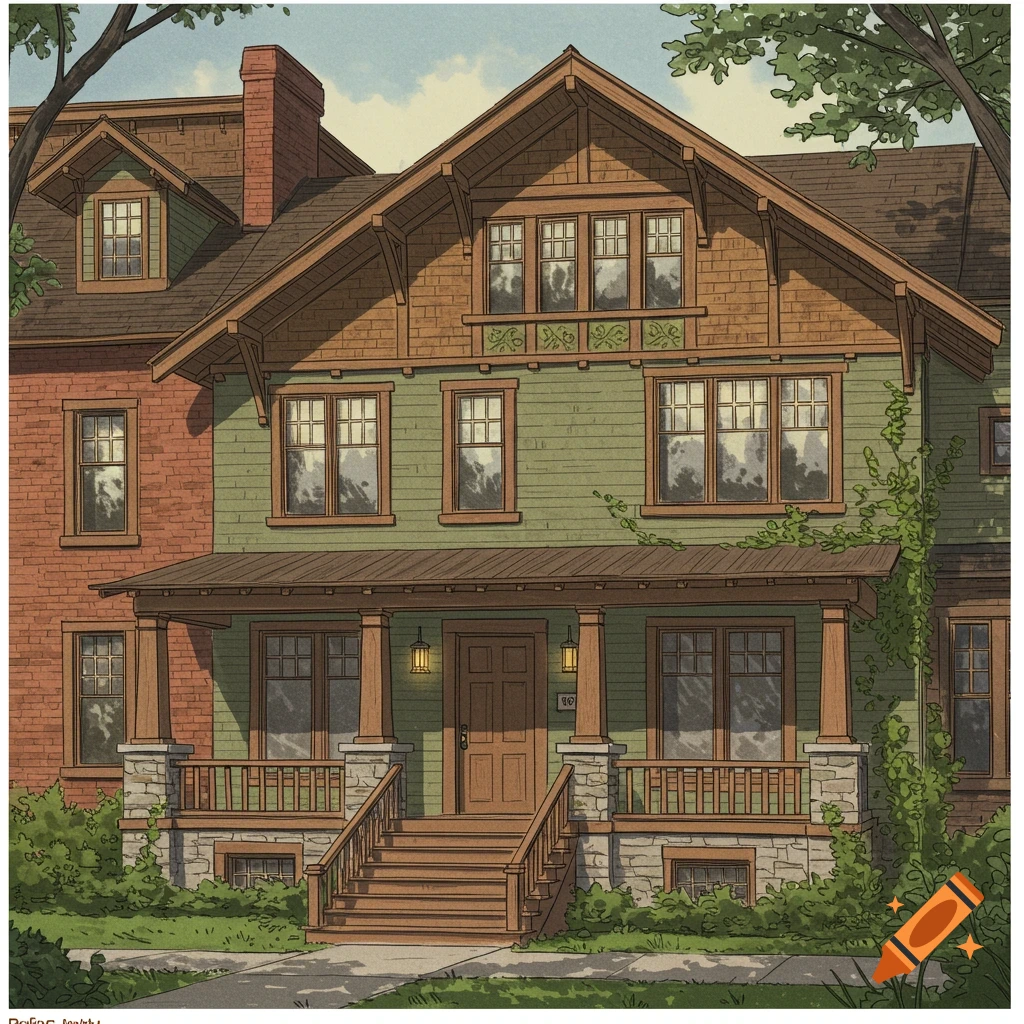 Illustrative depiction of a green Craftsman-style house with a large porch, brown trim, and brick details.