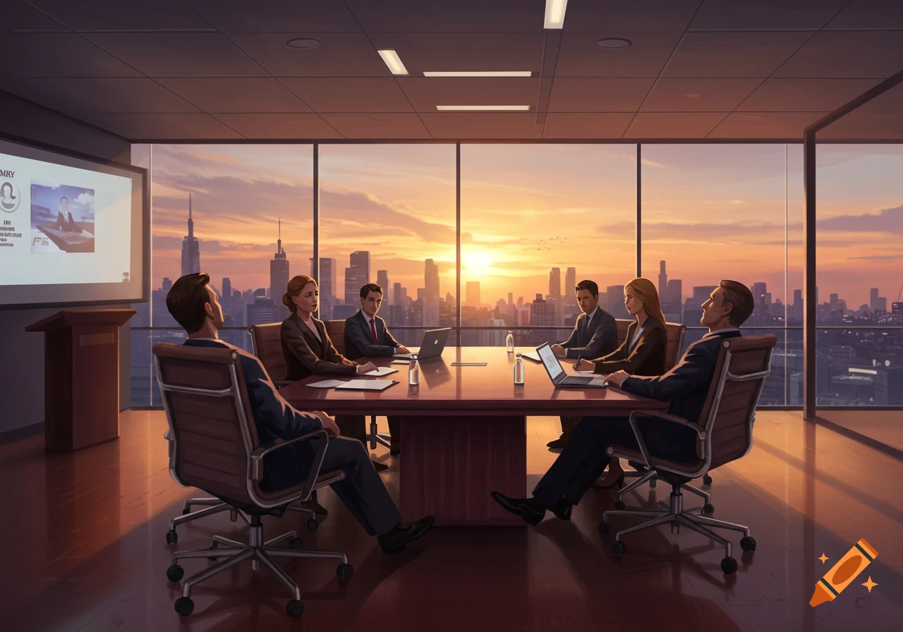 Businesspeople in a high-rise office meeting room at sunset, overlooking a cityscape, with a presentation screen on the left.