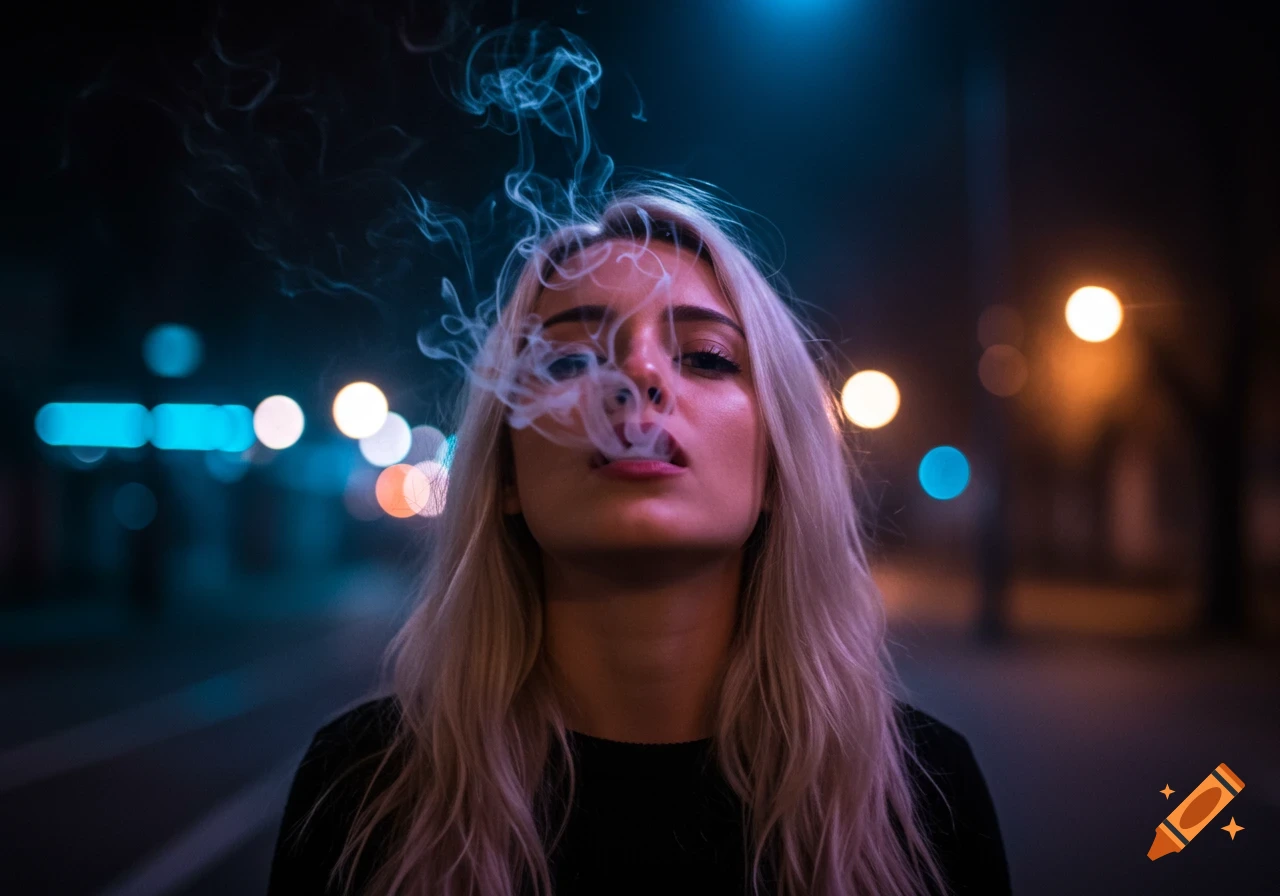 Photorealistic portrait of a blonde woman exhaling smoke at night, with blurred city lights in the background.