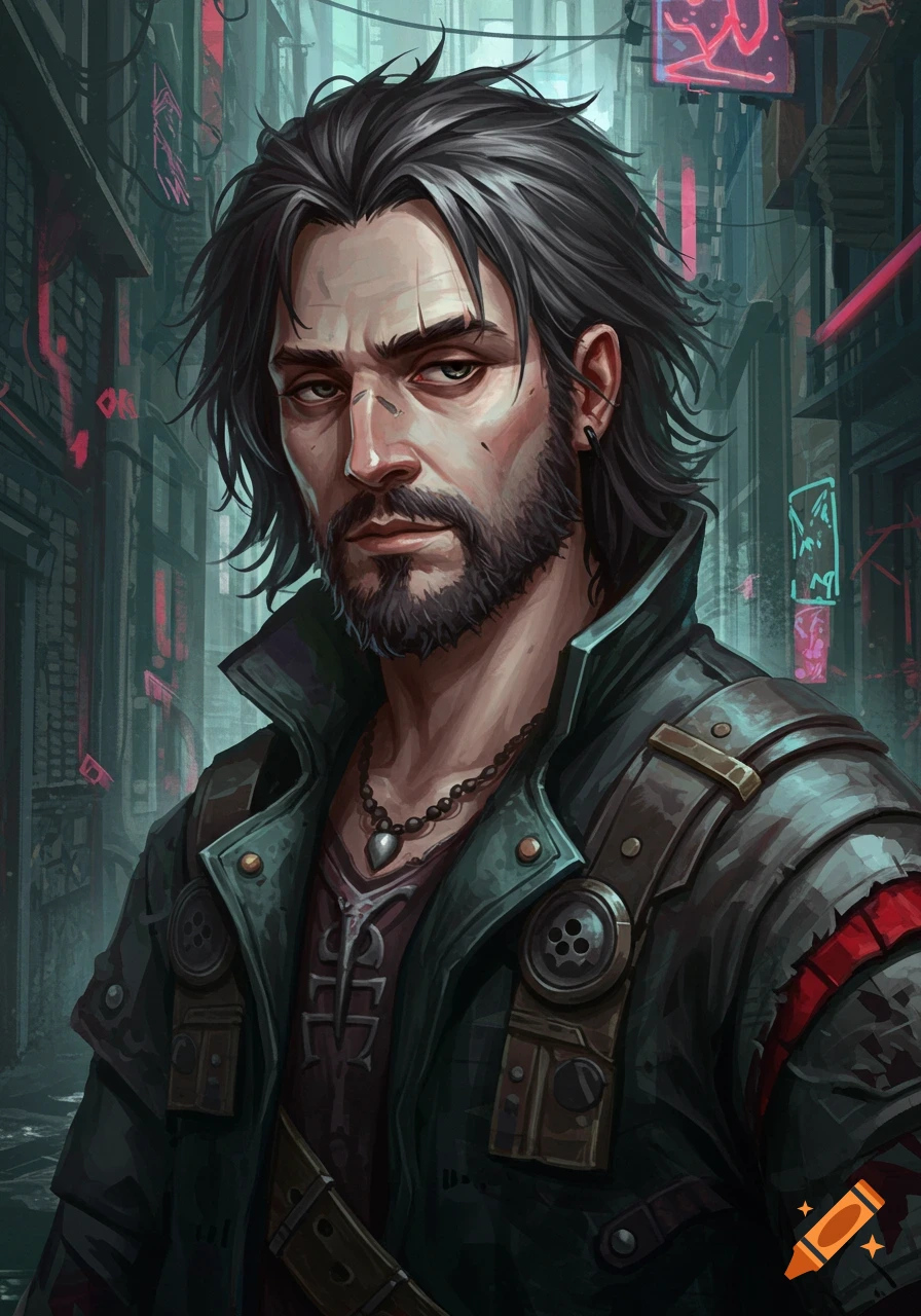 Close-up portrait of a man with long messy dark hair and beard, wearing a tactical jacket, in a gritty cyberpunk city.