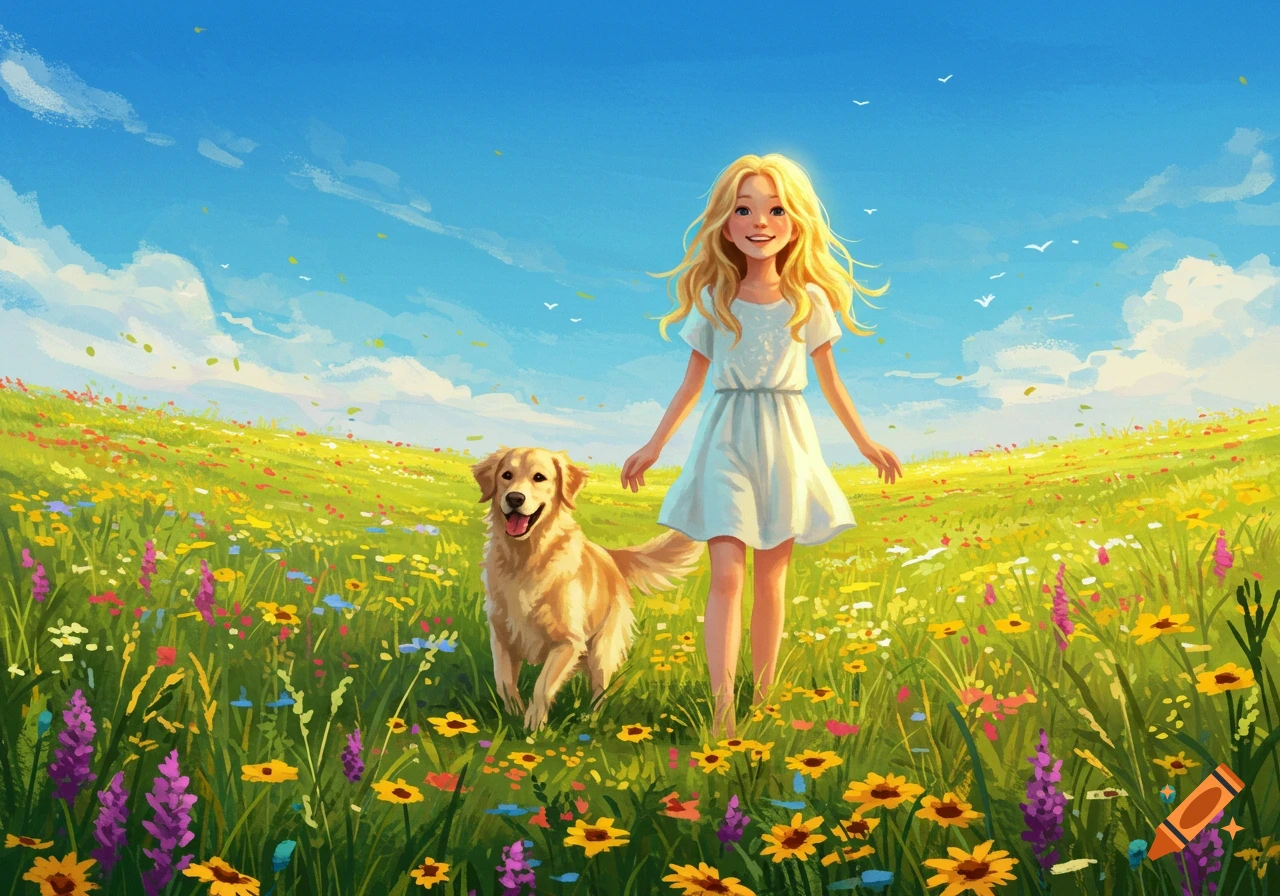 An illustrated blonde girl in a white dress and a golden retriever walk through a sunny meadow filled with colorful wildflowers under a blue sky.