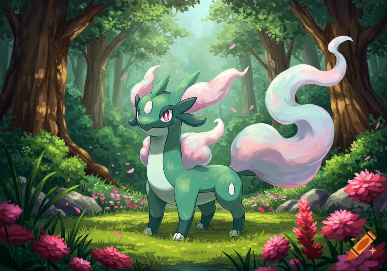 A cute green and pink dragon-like creature with flowing features stands in a lush forest with pink flowers in an anime art style.