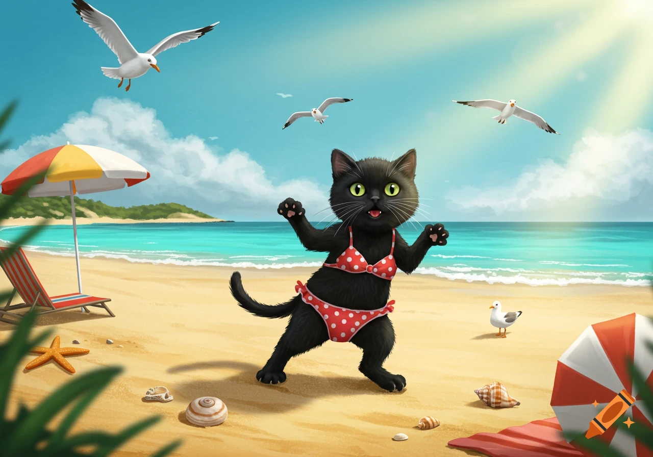 A cute black cartoon cat wearing a red polka dot bikini on a sunny sandy beach with seagulls flying and an umbrella.