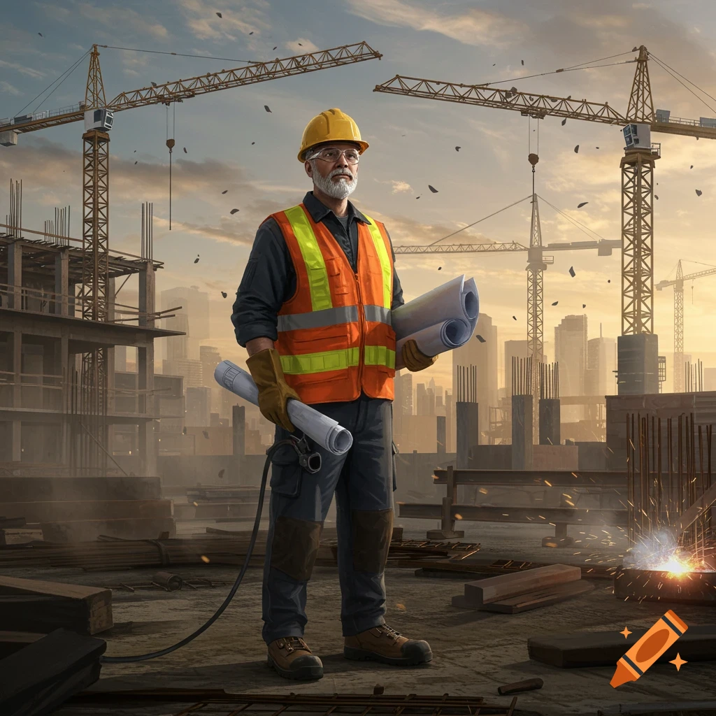 Photorealistic image of a construction engineer in a hard hat and safety vest, holding blueprints at a construction site with cranes.