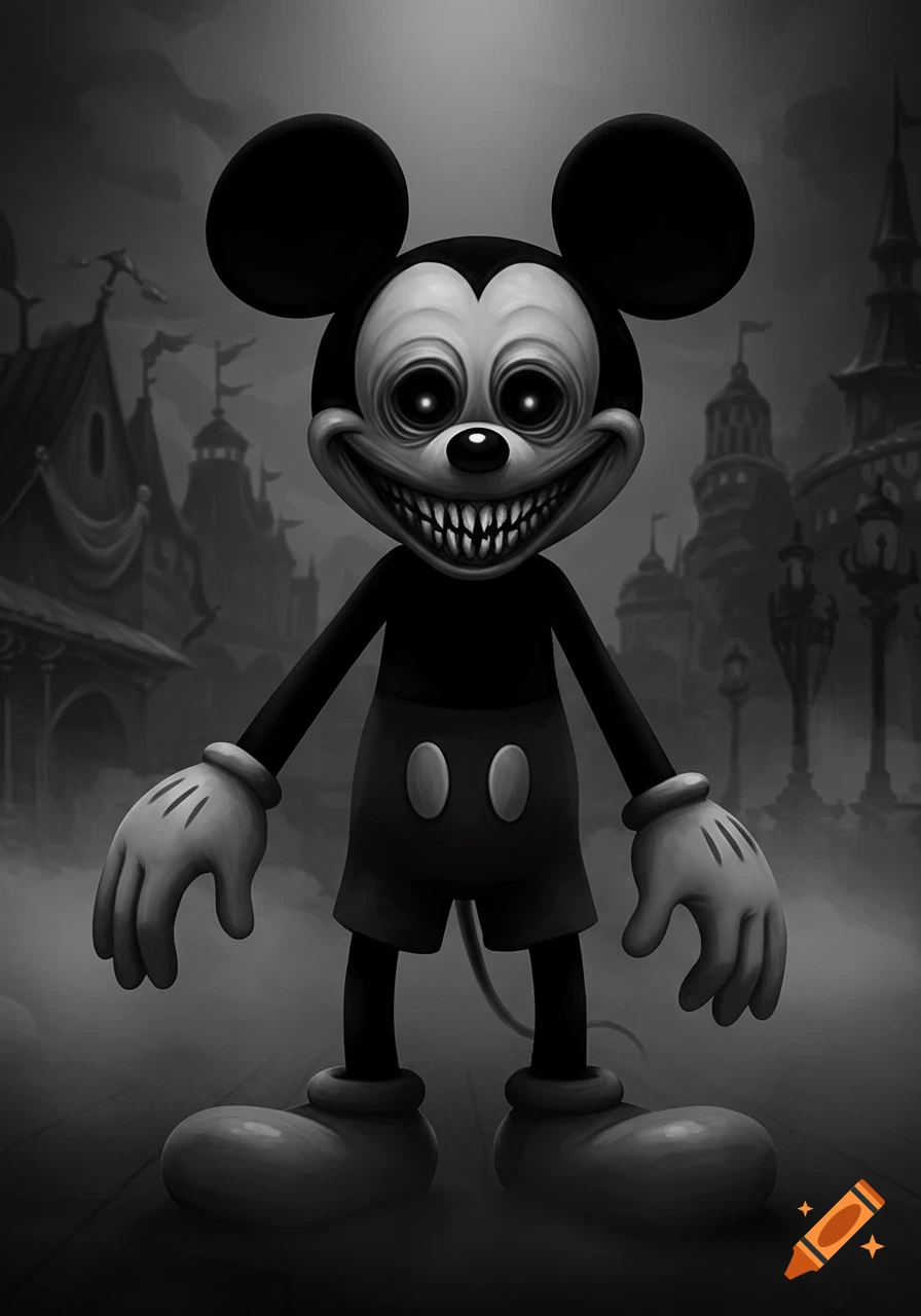 A creepy, black and white Mickey Mouse with a wide, toothy grin and glowing white eyes stands in a misty, haunted town.