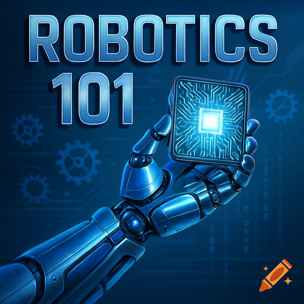 Blue robotic arm holding a glowing circuit board, with 'ROBOTICS 101' text on a tech-themed background.