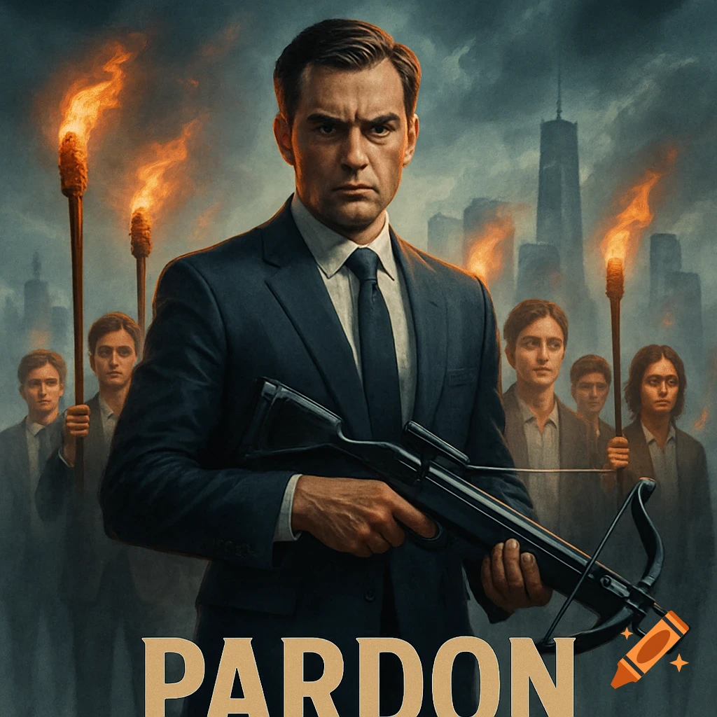 A man in a suit holds a crossbow, standing before people with torches and a cloudy city skyline. The word "PARDON" is visible.