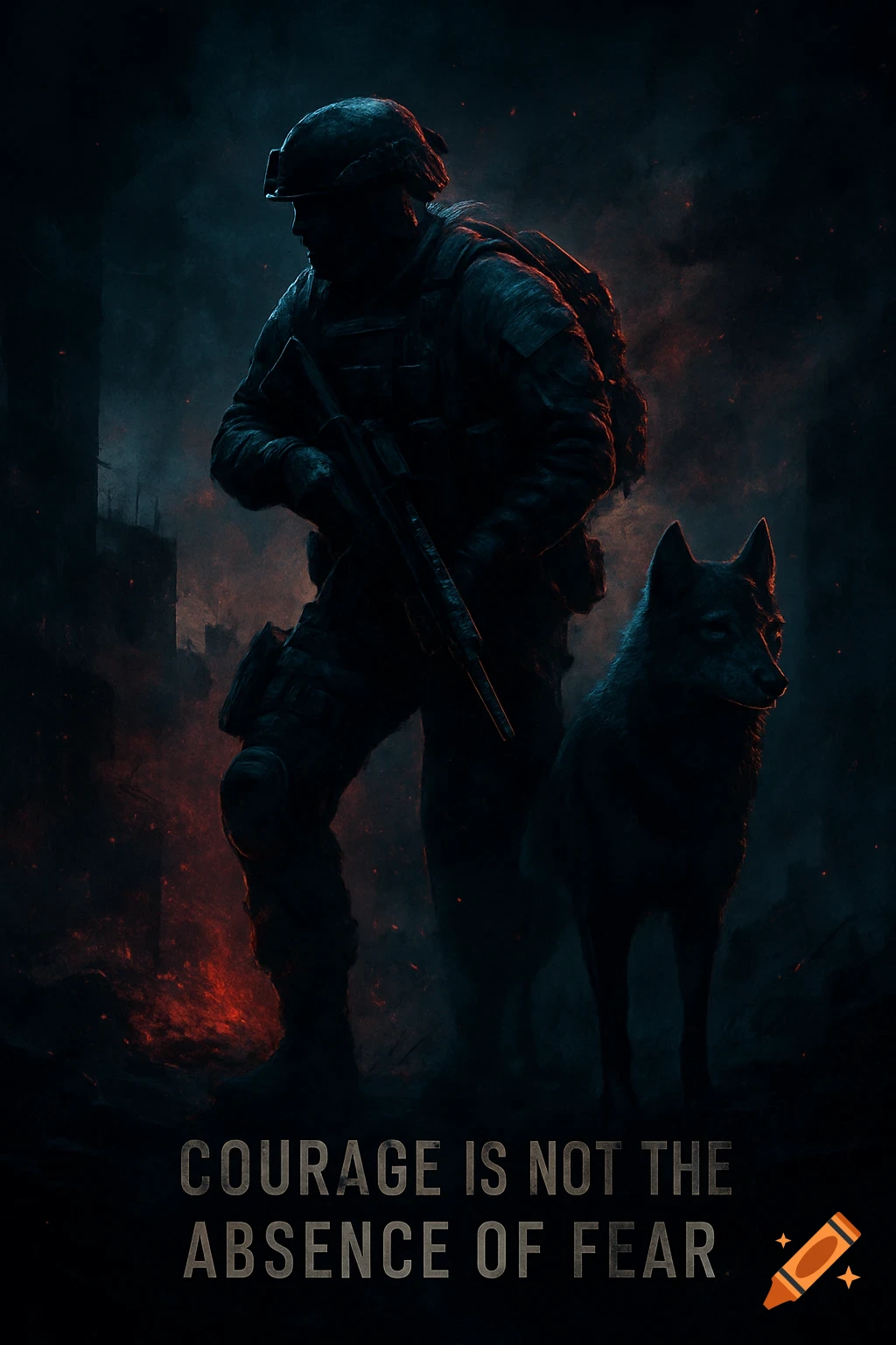Stylized image of a soldier with a rifle standing with a wolf in a dark, fiery, war-torn landscape with blue and red highlights. Text: Courage is not the absence of fear.