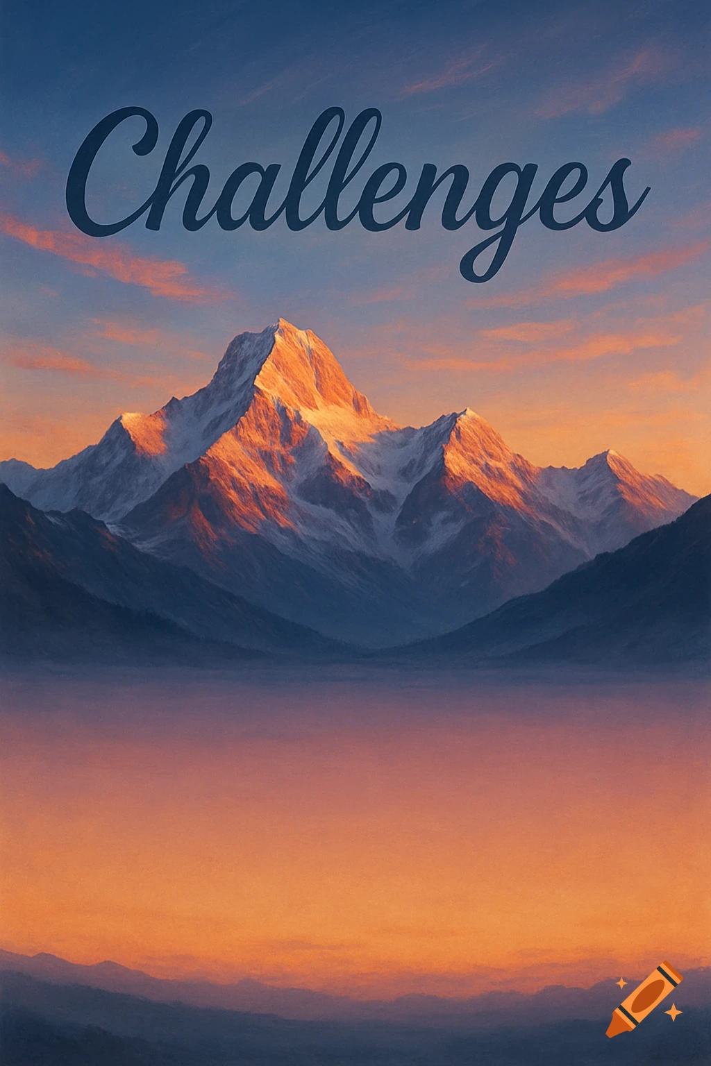 A majestic mountain range bathed in the warm glow of sunrise or sunset, with the word "Challenges" written in elegant script across the sky. Misty orange and blue hues blend at the bottom.