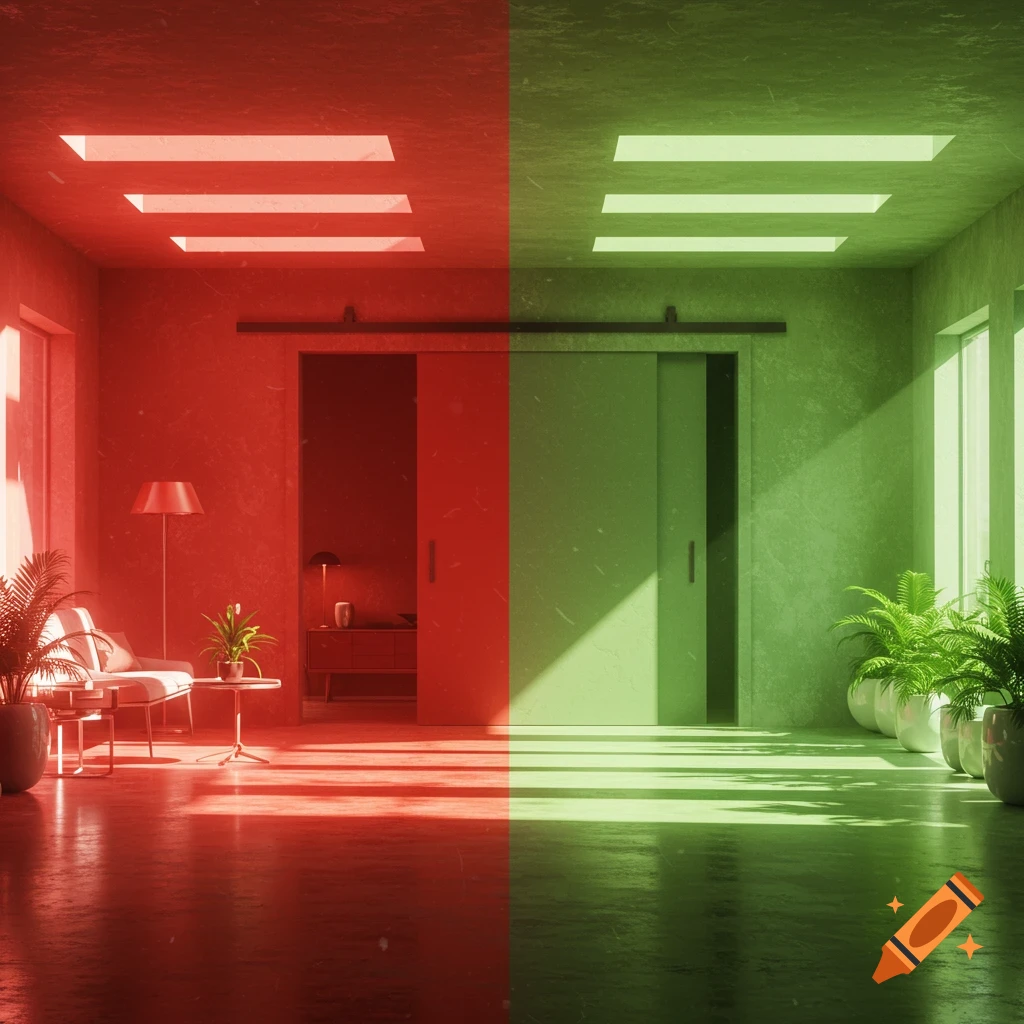 A modern room split into red and green halves, with a sliding door, furniture on the red side, and plants on the green.
