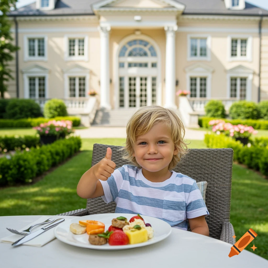 A smiling young boy with blonde hair gives a thumbs up while sitting at an outdoor table with food, a mansion in the background.