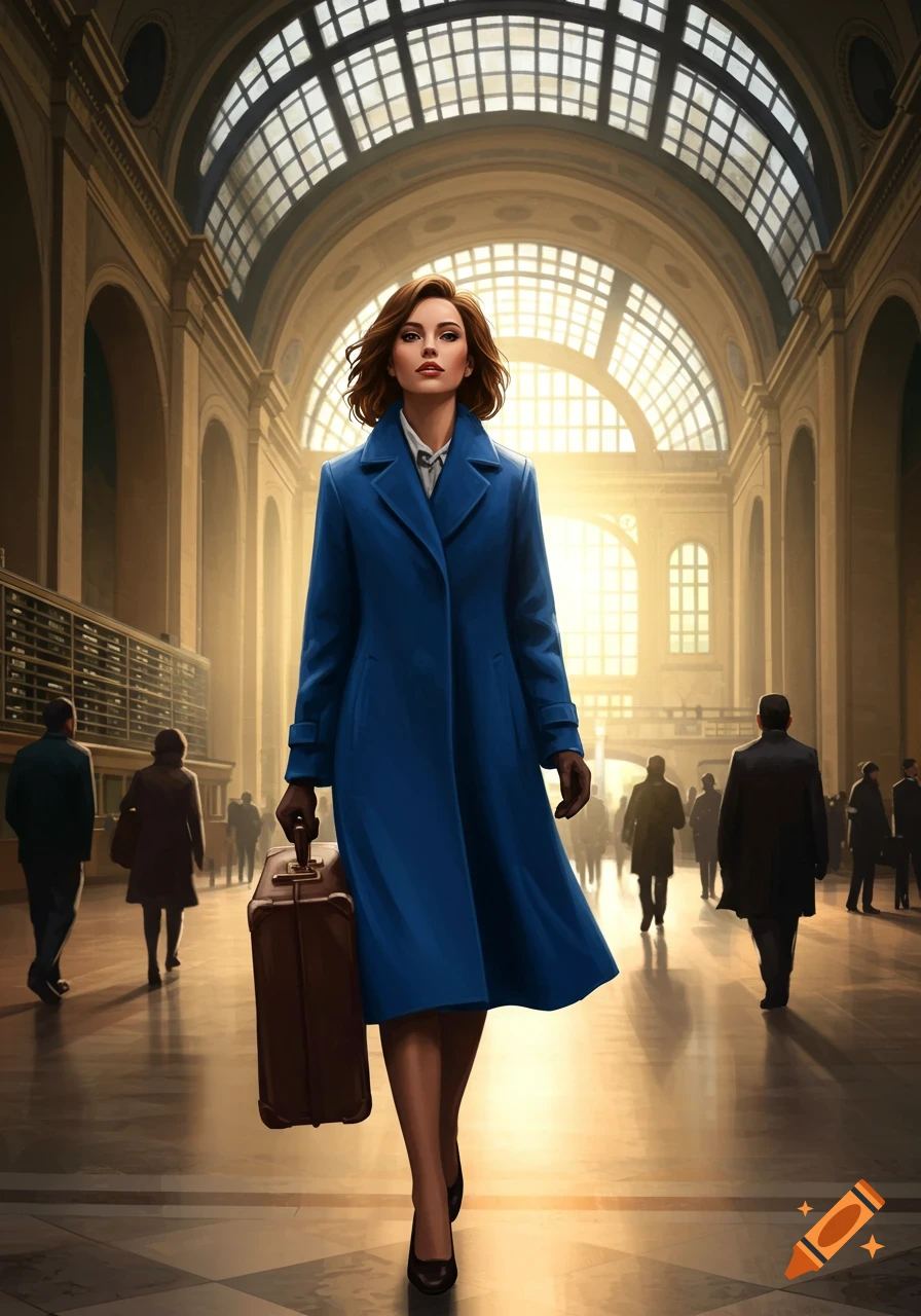A stylish woman in a blue coat walks through a grand, sunlit train station, carrying a brown suitcase.