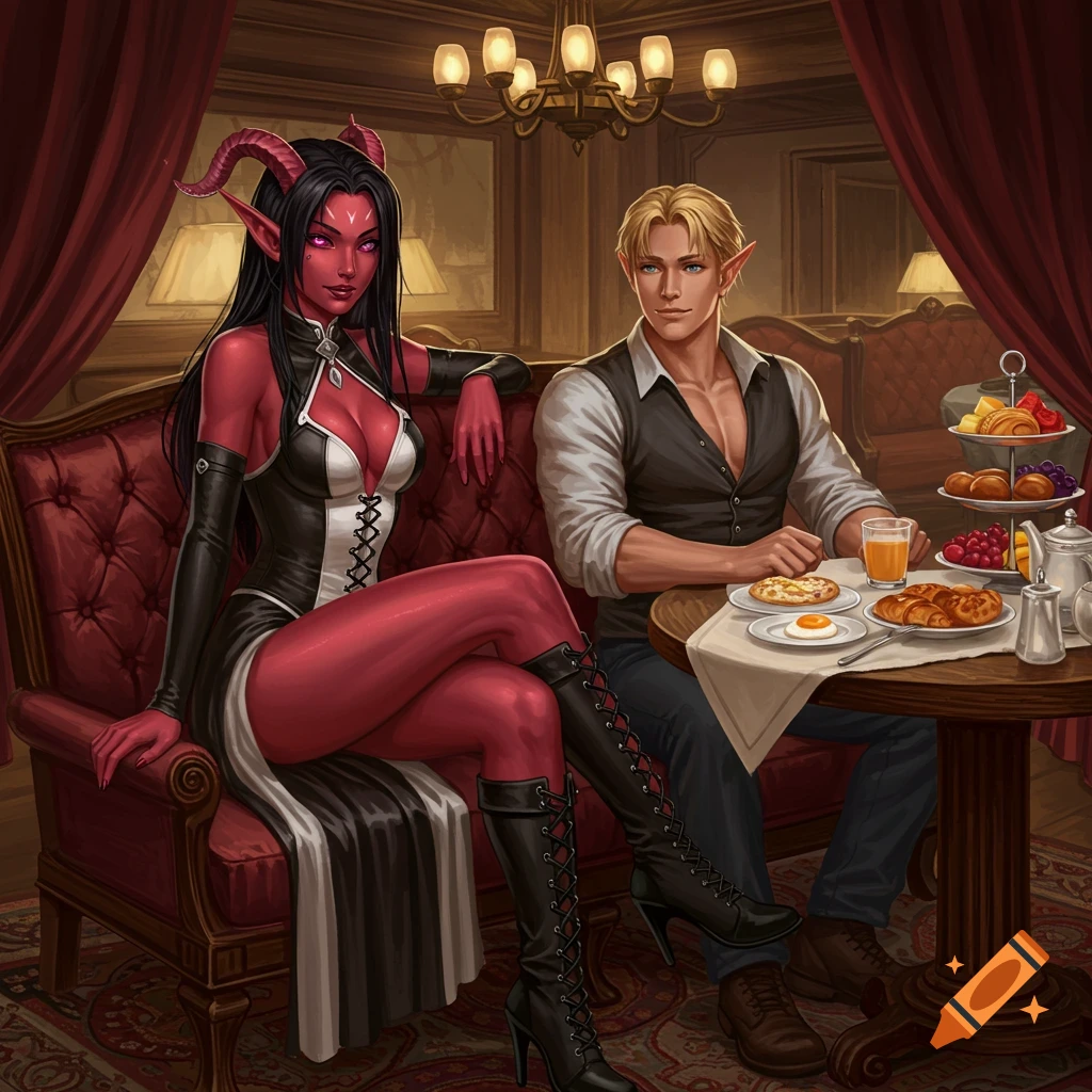 Digital painting of a red-skinned horned woman and a blonde man having breakfast in a fancy tavern.