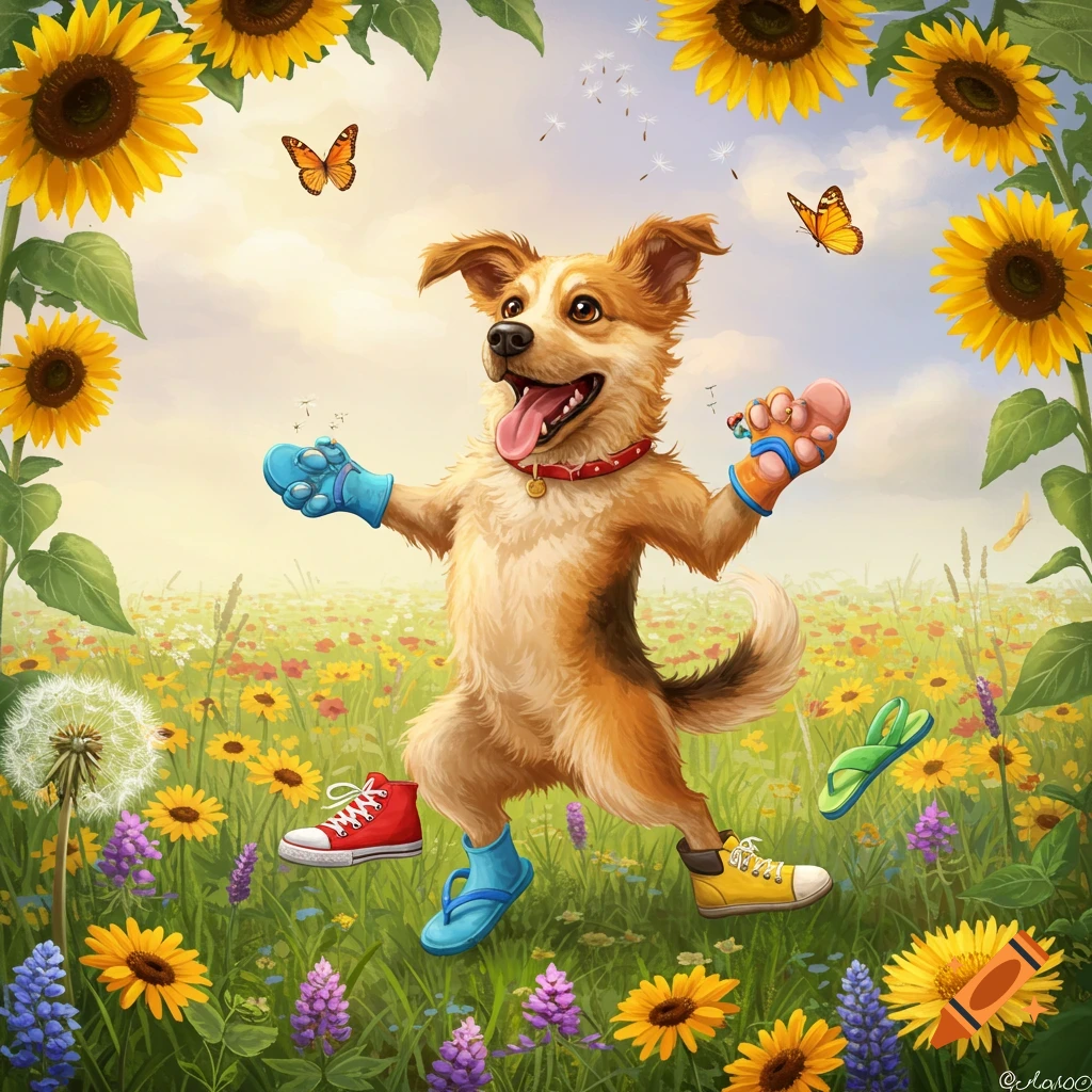 A happy, cartoon dog stands upright in a field of sunflowers and wildflowers, wearing mismatched shoes and gloves, with butterflies flying around.