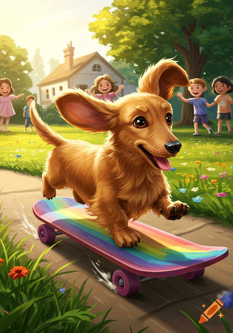 A fluffy golden dachshund dog happily rides a rainbow skateboard on a sunny path, with smiling children playing in the background.