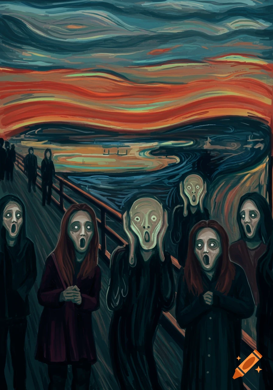 Surreal painting of multiple figures with screaming, distorted faces on a bridge, reminiscent of Edvard Munch's The Scream, against a turbulent red and blue sky.