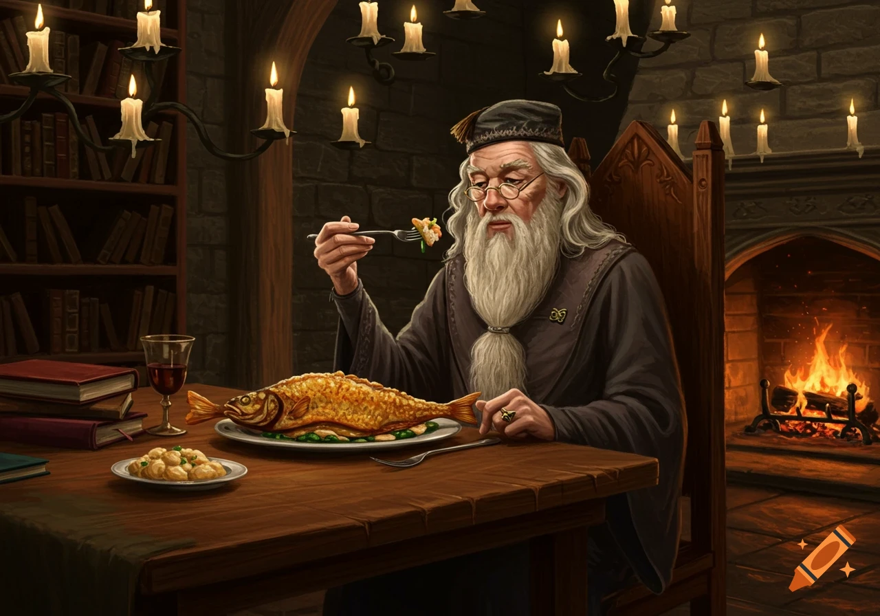 Dumbledore, an elderly wizard with a long white beard, sits at a wooden table in a dimly lit, candlelit study, eating a whole roasted fish with a fork, with bookshelves and a fireplace in the background.