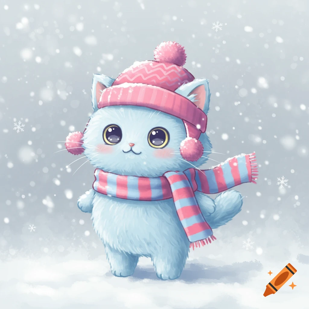 A cute light blue cartoon cat wearing a pink winter hat and a striped scarf stands in falling snow.