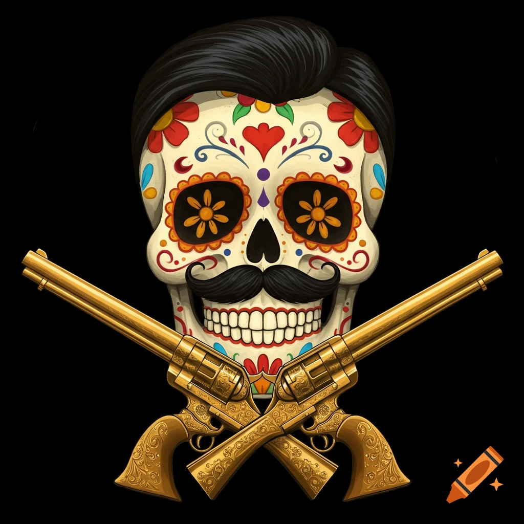 Colorful Dia de los Muertos sugar skull with mustache, hairdo, and crossed golden revolvers on a black background.