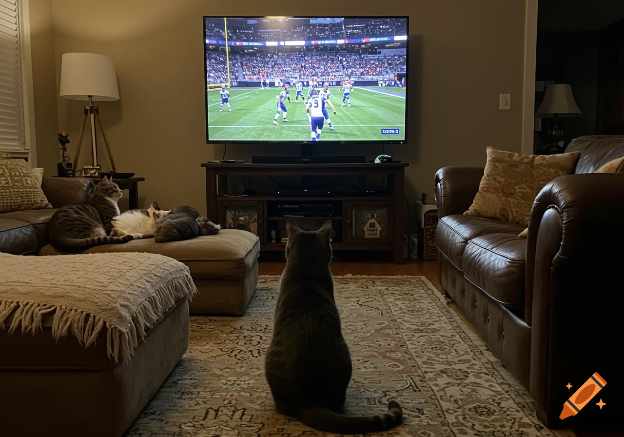 Three cats watching a football game on a large TV in a cozy living room.