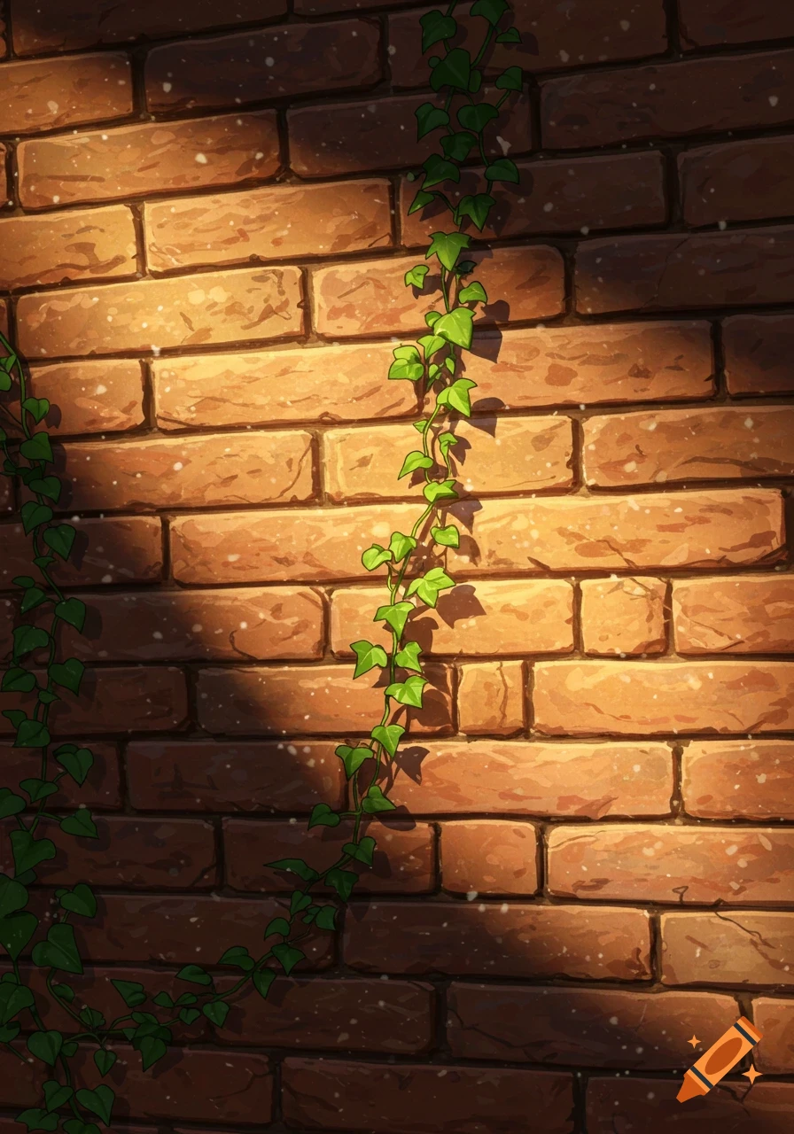 Illustrative image of a brick wall covered in green ivy, illuminated by sunlight creating dappled shadows.