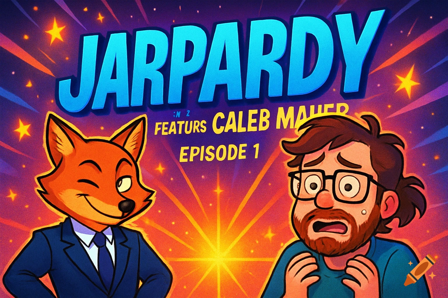 Cartoon image of a winking fox in a suit and a panicked man with glasses under the game show title JARPARDY, featuring Caleb Maher.