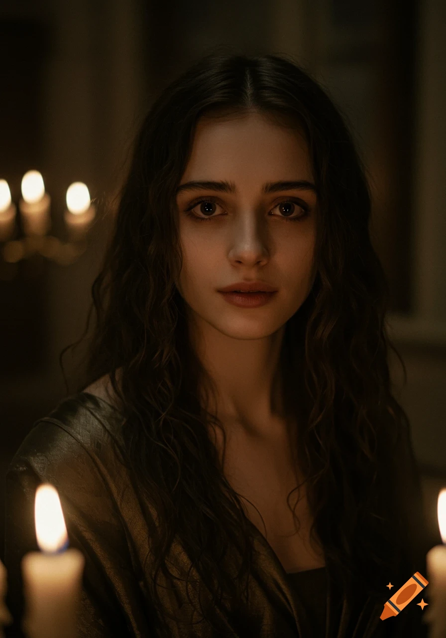 Cinematic portrait of a young woman with long dark wavy hair and deep brown eyes, lit by soft candlelight.