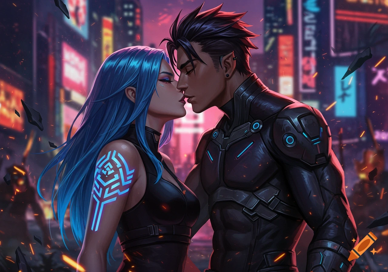 A cyberpunk couple, a blue-haired woman and a dark-haired man, share a kiss against a vibrant neon city background.