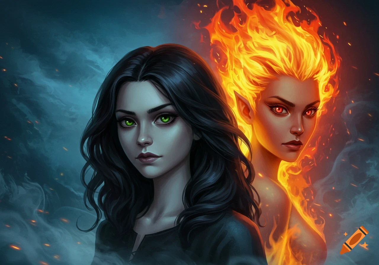 A pale girl with black hair and green eyes stands next to a fiery female spirit with glowing red eyes, against a smoky, blue-orange background.