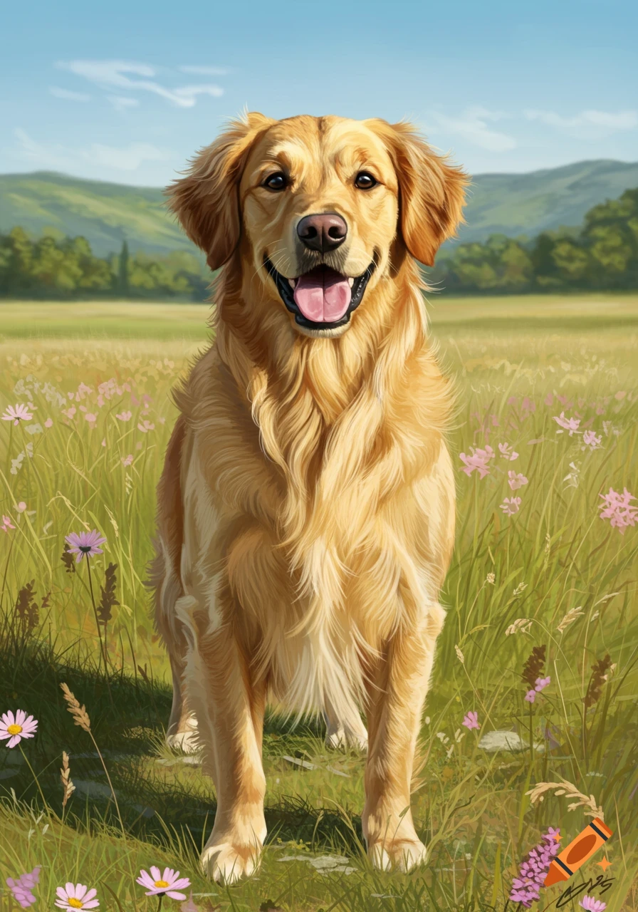 A happy golden retriever sits in a sunny meadow filled with wildflowers, with green hills in the background.